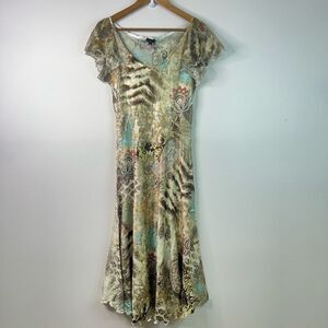 Komarov Crinkle Midi Dress XL Floral Forest Fairy Babydoll Bias Lace Romantic